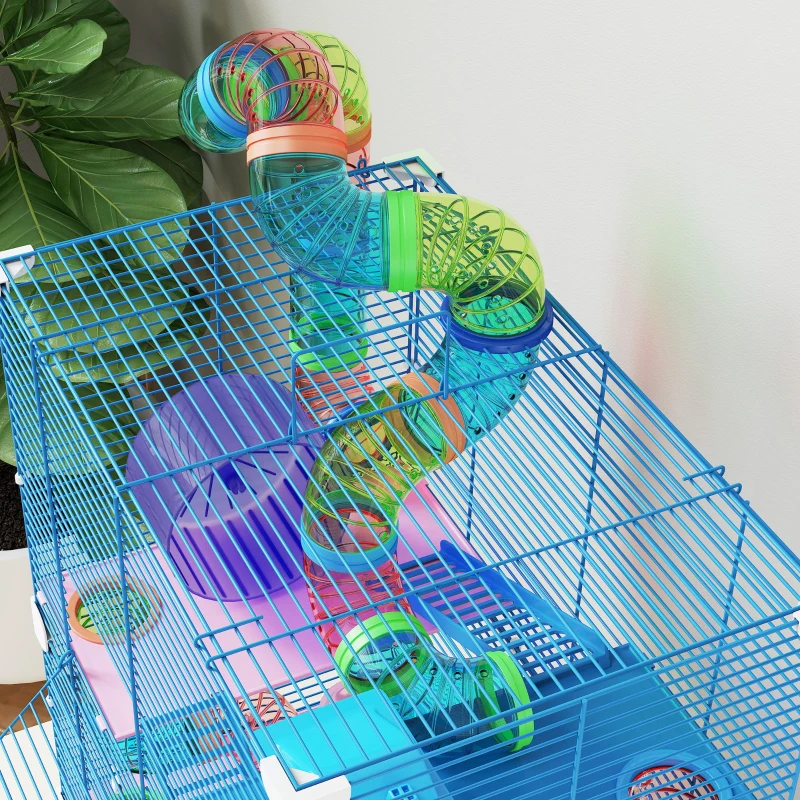 PawHut 5 Tiers Hamster Cage Portable with Exercise Wheels Play Tube Water Bottle Dishes House Ladder for Gerbils, Dark Blue
