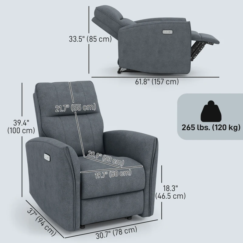 HOMCOM Power Recliner Chair, Fabric Upholstered Recliner Chair with USB Ports, Footrest, Charcoal Grey