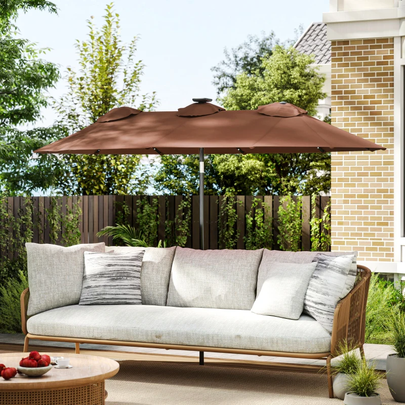 Outsunny Double-sided Patio Umbrella, 9.7 ft. Outdoor Umbrella with 45-Degree Tilt and Crank, LED Solar Light and 12 Ribs, Coffee