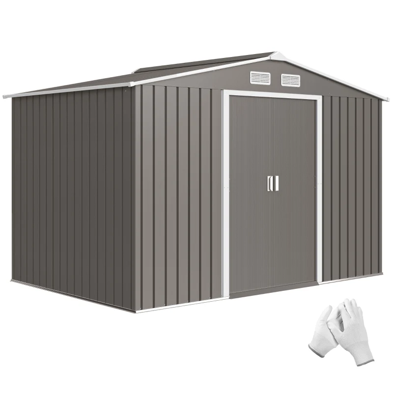 Outsunny 9' x 6' Outdoor Storage Shed, Garden Tool Metal Shed with Foundation Kit, Light Gray