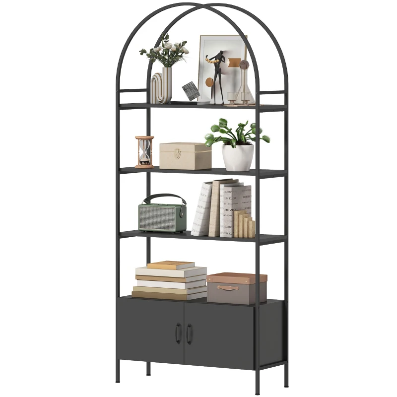 HOMCOM 4-Tier Arched Shelving Unit with Cabinet, Bookshelf for Living Room, Office, 31.5" x 11.8" x 73.6", Black