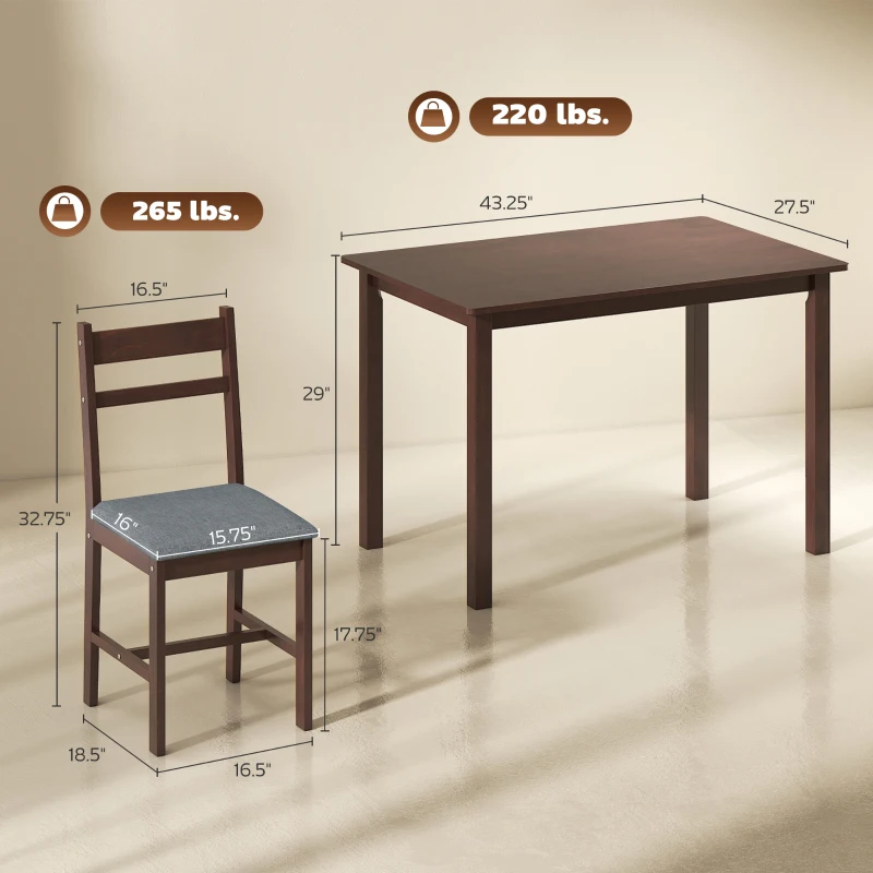 HOMCOM 5-Piece Solid Wood Dining Table Set for 4, Farmhouse Kitchen Table with Upholstered Chairs for Dining Room, Walnut