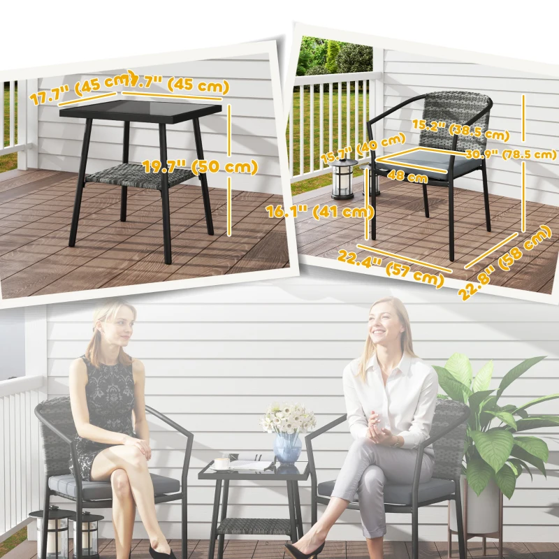 Outsunny Outdoor Bistro Set, 3 Piece Wicker Patio Furniture Set with Armchairs, 2-Tier Glass Table, Cushions, Dark Grey
