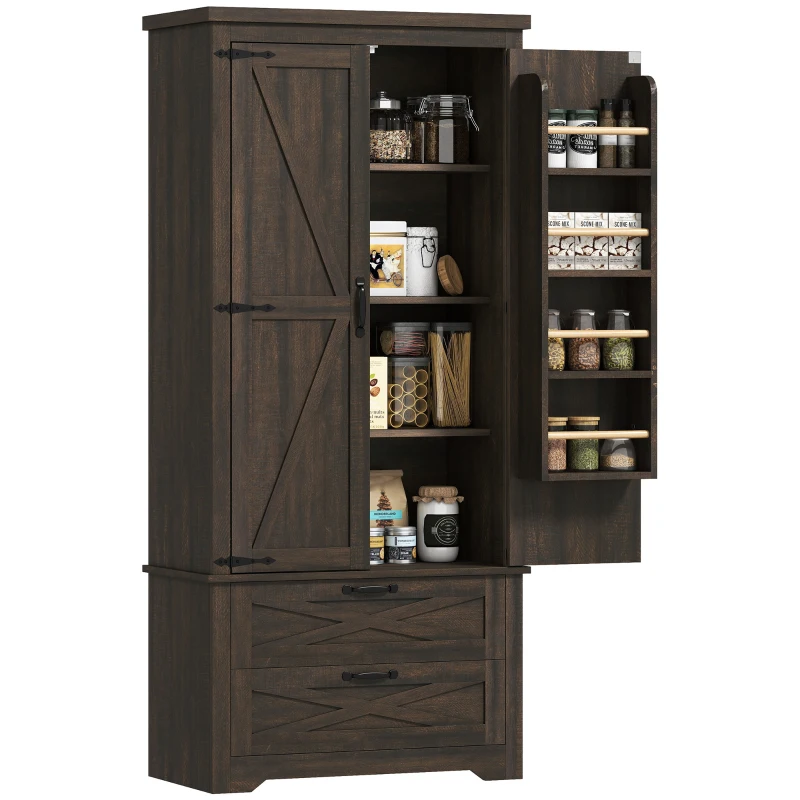 HOMCOM 64" Farmhouse Kitchen Pantry Storage Cabinet, two 4-tier door shelves for spice bottles with 2 Drawers, Adjustable Shelf, Distressed Dark Brown