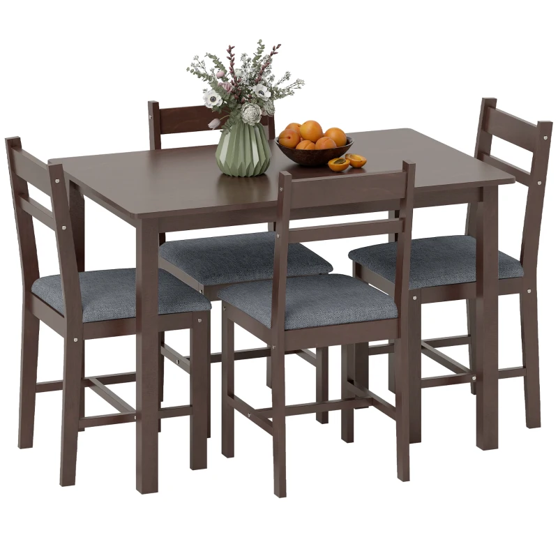 HOMCOM 5-Piece Solid Wood Dining Table Set for 4, Farmhouse Kitchen Table with Upholstered Chairs for Dining Room, Walnut