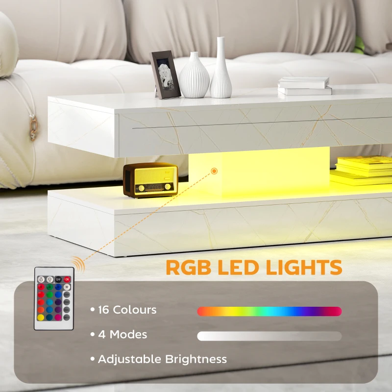 HOMCOM Coffee Table with Adjustable LED Lights, Center Table with 2 Drawers, Open Shelf, Remote, High Gloss Marble-Effect White