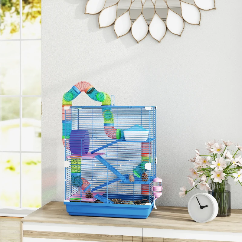 PawHut 5 Tiers Hamster Cage Portable with Exercise Wheels Play Tube Water Bottle Dishes House Ladder for Gerbils, Dark Blue