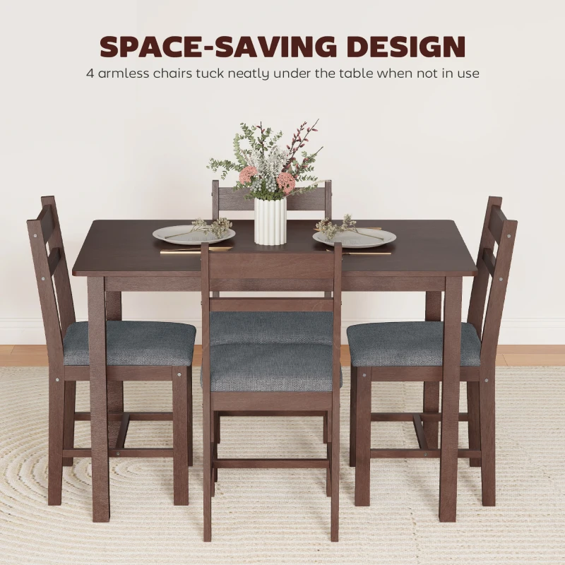 HOMCOM 5-Piece Solid Wood Dining Table Set for 4, Farmhouse Kitchen Table with Upholstered Chairs for Dining Room, Walnut