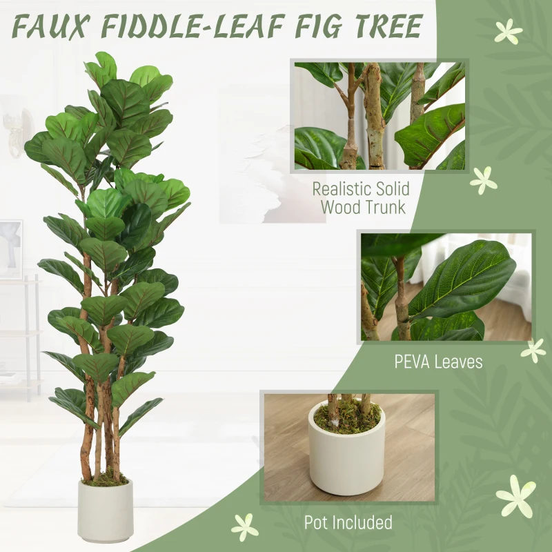 HOMCOM 5FT Artificial Fiddle Leaf Fig Tree Set of 2, Fake Potted Tree with Solid Wood Trunks for Indoor Decor, Green