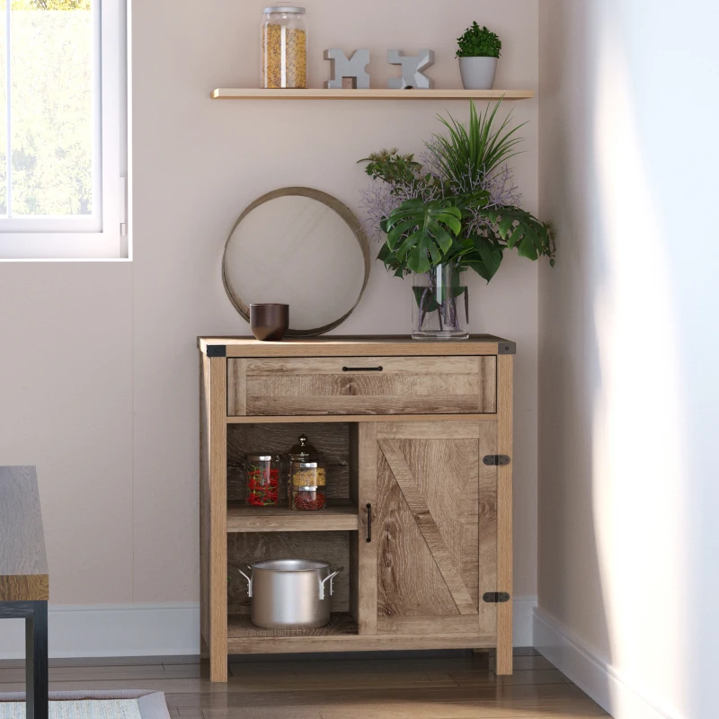 HOMCOM Rustic Barn Door Storage Cabinet Modern Farmhouse Buffet Sideboard for Kitchen and Dining Room, Light Oak