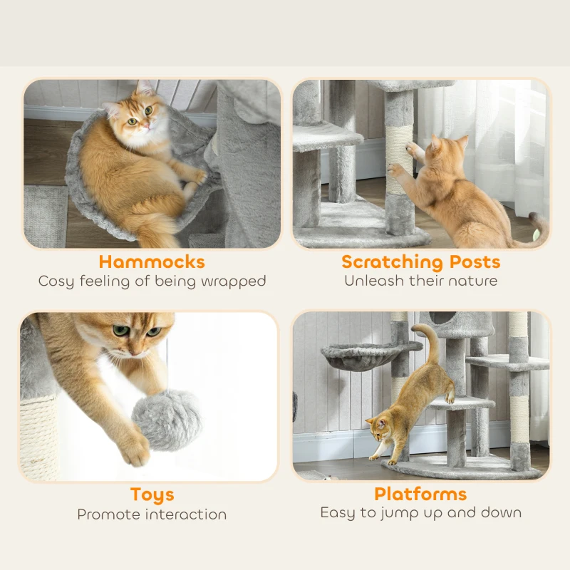 PawHut 62" Cat Tree with Scratching Post, 2 Condos, Hammock, Perches, Plush, Pompoms, for Indoor Cats, Light Grey