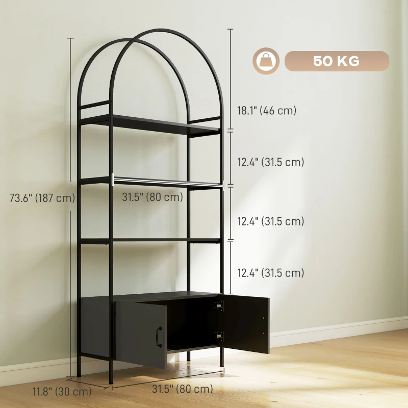 HOMCOM 4-Tier Arched Shelving Unit with Cabinet, Bookshelf for Living Room, Office, 31.5" x 11.8" x 73.6", Black