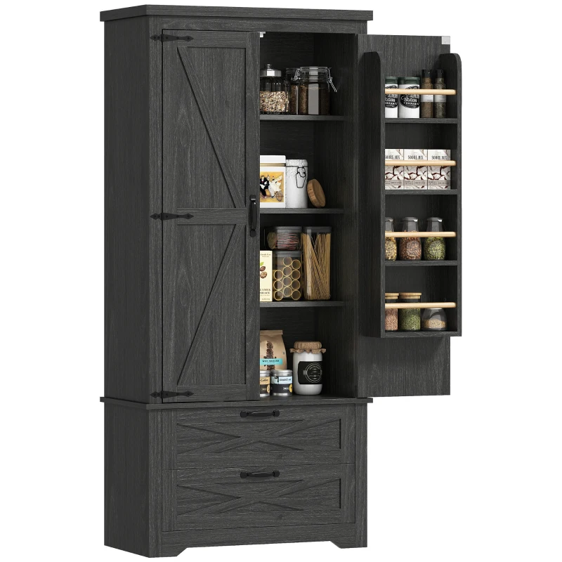 HOMCOM Farmhouse Kitchen Pantry Storage Cabinet, 64" Freestanding Kitchen Pantry Cabinet with Drawers, Distressed Black
