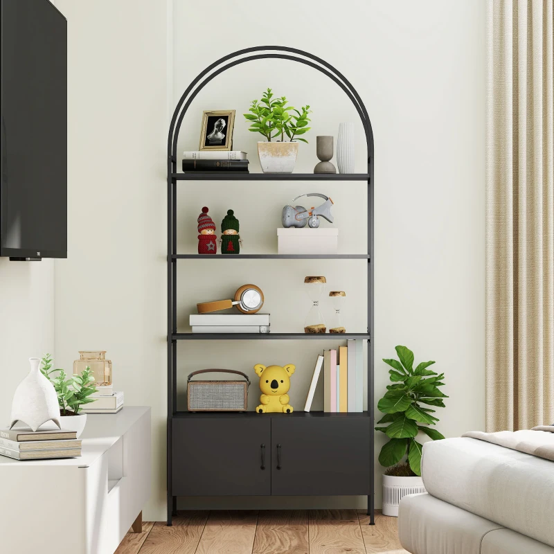 HOMCOM 4-Tier Arched Shelving Unit with Cabinet, Bookshelf for Living Room, Office, 31.5" x 11.8" x 73.6", Black