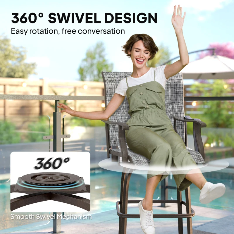 Outsunny Outdoor Bar Stools Set of 2, Swivel Bar Height Chairs with High Back, Curved Armrests and Steel Frame, Mixed Grey