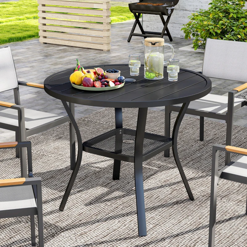 Outsunny 35.5" Round Outdoor Dining Table for 4, Metal Garden Patio Table with 1.6"-2" Umbrella Hole, Shelf, Slatted Top, Black