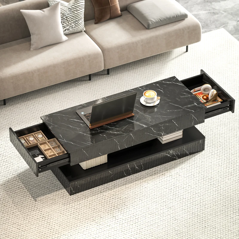 HOMCOM Coffee Table with Adjustable LED Lights, Center Table with 2 Drawers, Open Shelf, Remote, High Gloss Marble-Effect Black