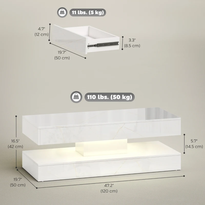 HOMCOM Coffee Table with Adjustable LED Lights, Center Table with 2 Drawers, Open Shelf, Remote, High Gloss Marble-Effect White