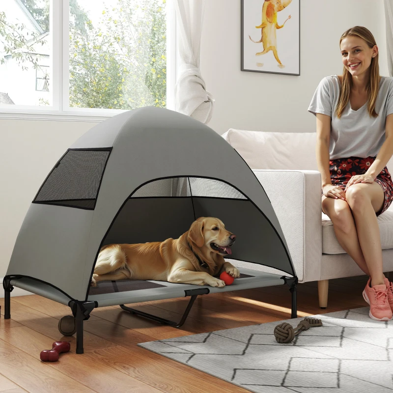 PawHut Elevated Dog Bed with Canopy Raised Dog Bed  Washable Mesh Steel Frame 41.7" x 29.9" x 39" Light Grey