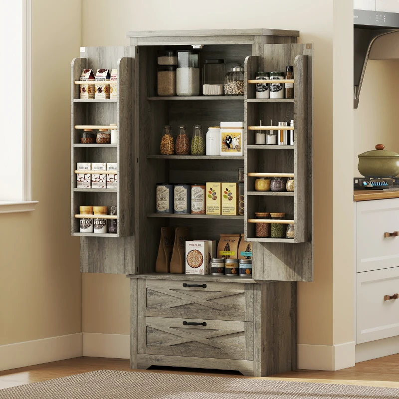 HOMCOM Farmhouse Kitchen Pantry Storage Cabinet, 64" Freestanding Kitchen Pantry Cabinet with Drawers, Distressed Grey