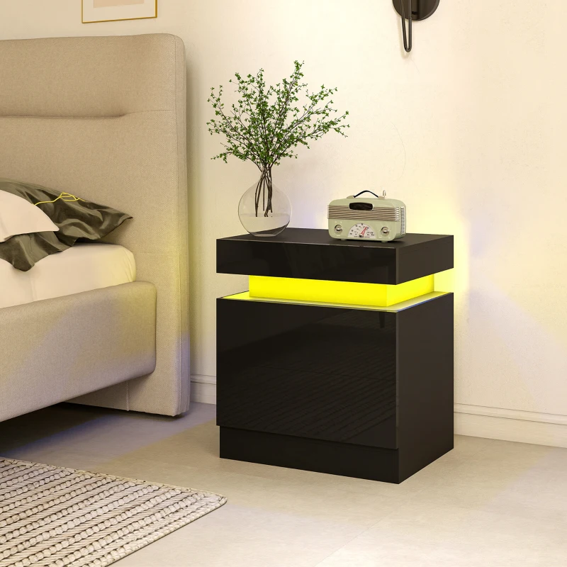 HOMCOM Nightstand Set of 2, End Side Tables with LED Lights, Bedside Tables with 2 Drawers, for Bedroom, Black