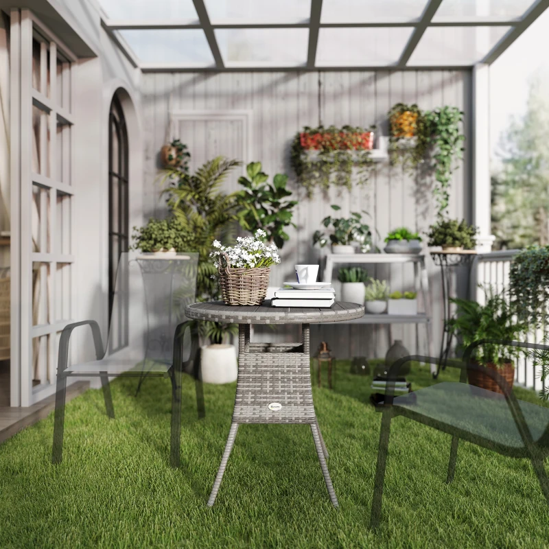 Outsunny 27.5" Outdoor Wicker Dining Table, PE Rattan Patio Furniture with Wood-plastic Composite Top, Grey
