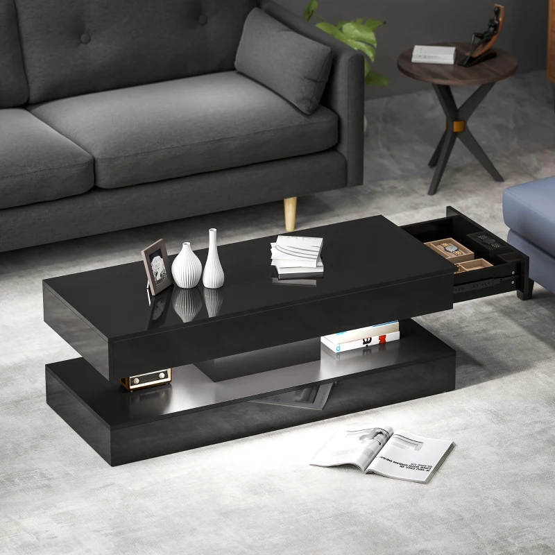 HOMCOM Coffee Table with Adjustable LED Lights, Modern Living Room Table with 2 Drawers, Open Shelf, Remote, High Gloss Black