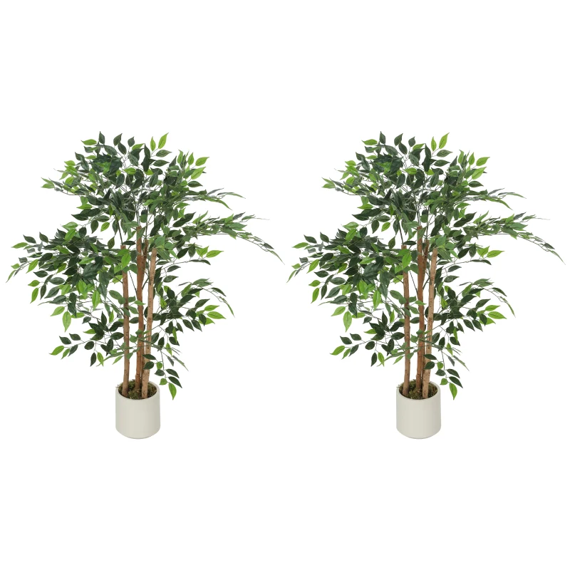 HOMCOM 4FT Artificial Banyan Tree Set of 2, Fake Potted Tree with Solid Wood Trunk and Pot for Indoor