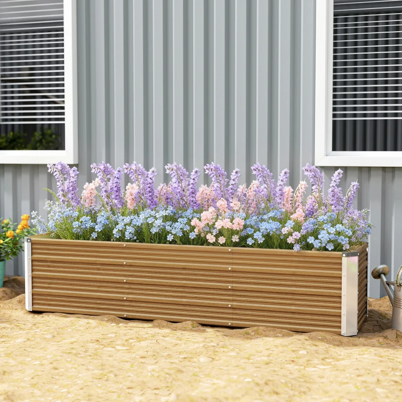 Outsunny 6' x 1.5' x 1.3' Galvanized Raised Garden Bed, Elevated Large Metal Planter Box w/ Install Gloves, Brown Wood Effect