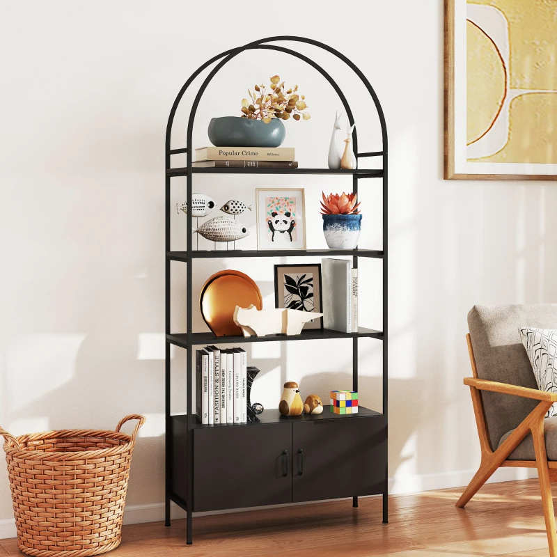 HOMCOM 4-Tier Arched Shelving Unit with Cabinet, Bookshelf for Living Room, Office, 31.5" x 11.8" x 73.6", Black