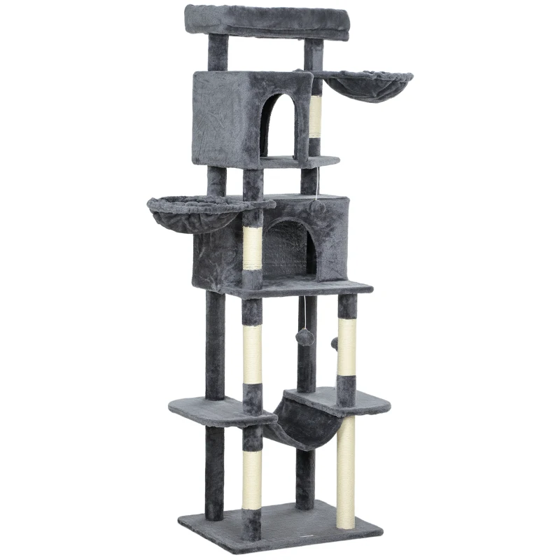 PawHut 69" Cat Tree, Multi-Level Cat Tower with 2 Condos, Plush Perch and Sisal Scratching Posts, Dark Grey