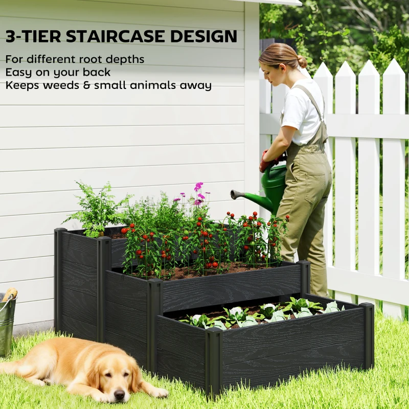 Outsunny Vinyl Raised Garden Bed Kit, 3-Tier Elevated Garden Box with Open Bottom, DIY Assembly, Outdoor Raised Planter Box