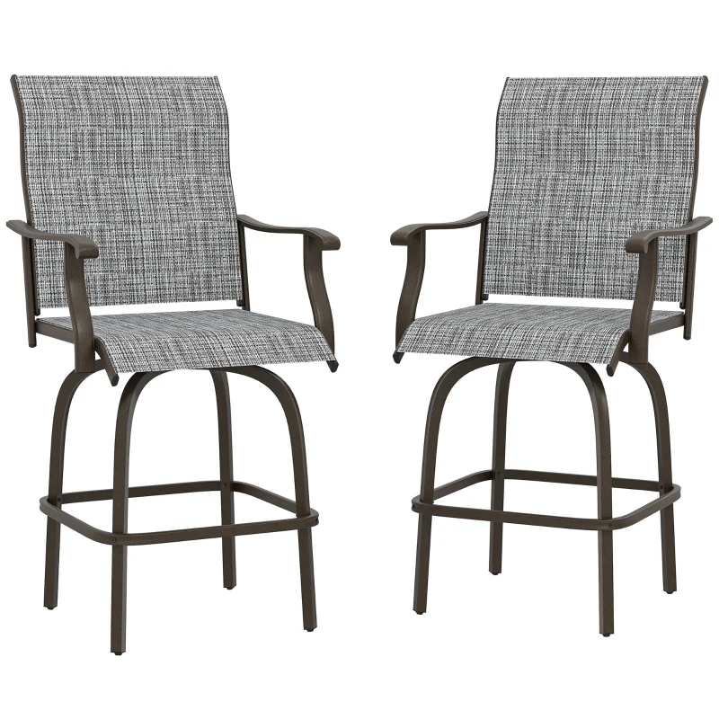 Outsunny Outdoor Bar Stools Set of 2, Swivel Bar Height Chairs with High Back, Curved Armrests and Steel Frame, Mixed Grey