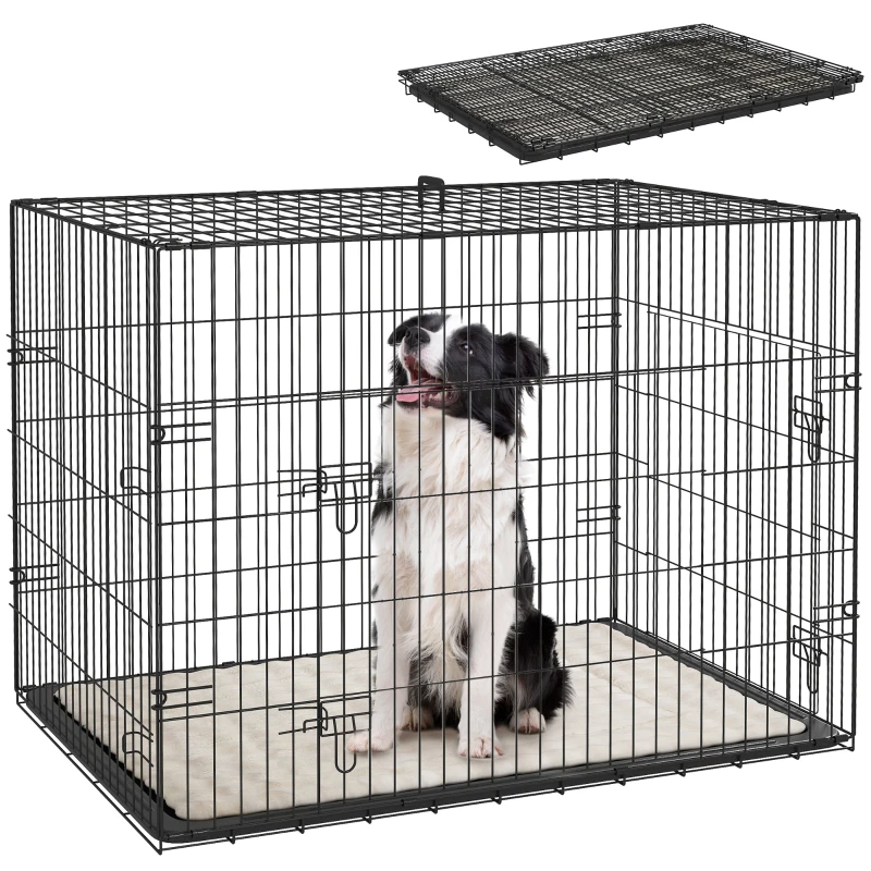 PawHut 35" Dog Crate with 2 Doors, Folding Metal Dog Cage with Soft Cushion, Removable Tray, Handle, Black