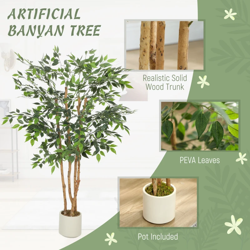 HOMCOM 5FT Artificial Banyan Tree Set of 2, Fake Potted Tree with Solid Wood Trunk and Pot for Indoor