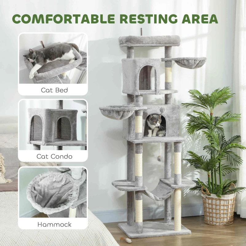 PawHut 69" Cat Tree, Multi-Level Cat Tower with 2 Condos, Plush Perch and Sisal Scratching Posts, Light Grey