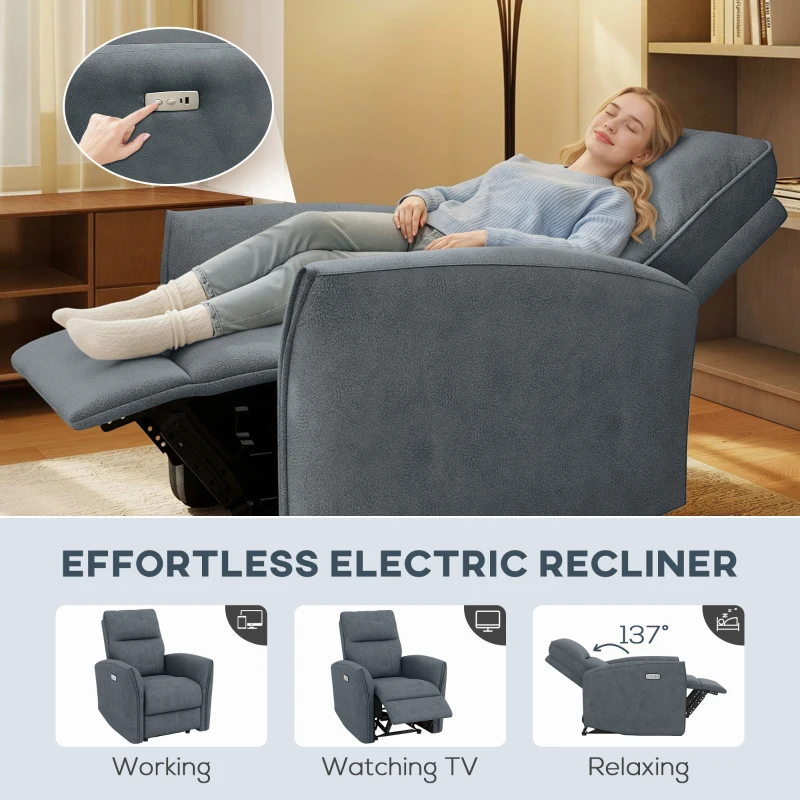 HOMCOM Power Recliner Chair, Fabric Upholstered Recliner Chair with USB Ports, Footrest, Charcoal Grey