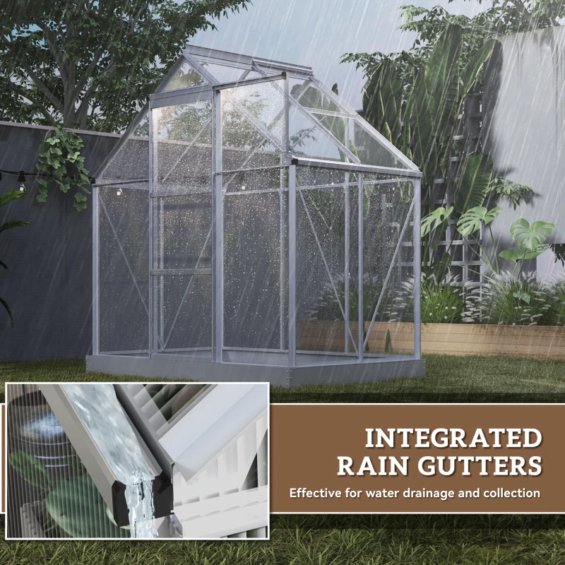 Outsunny 6' x 4' Walk-In Greenhouse, Polycarbonate Greenhouse with Sliding Door, Window, Aluminium Frame, Foundation, Silver