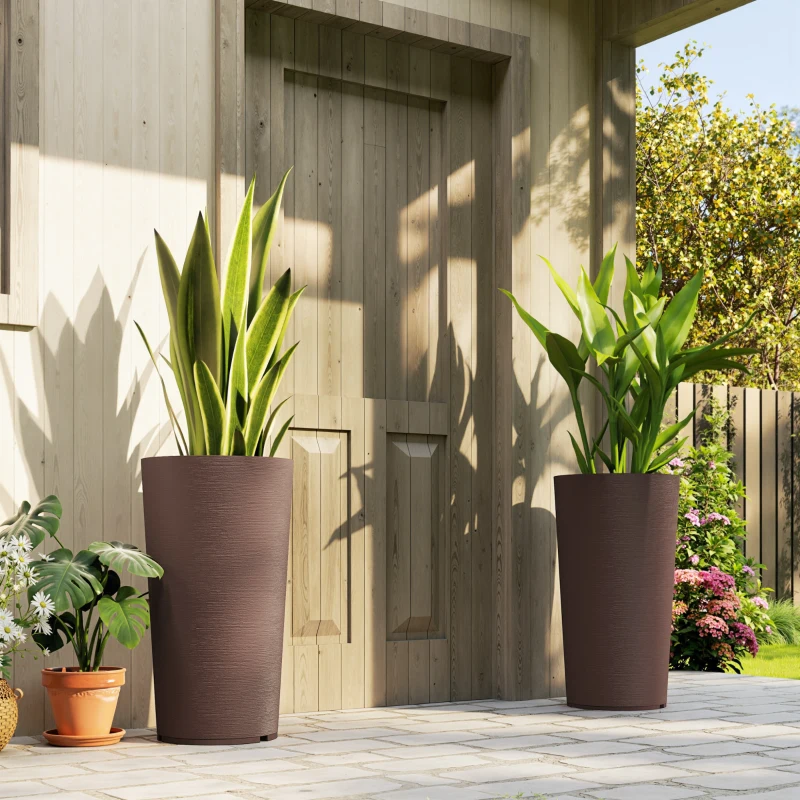 Outsunny 29 Inch Outdoor Planter, Set of 2 Plastic Flower Pots, Weather and UV Resistant Stackable Large Planters, Brown