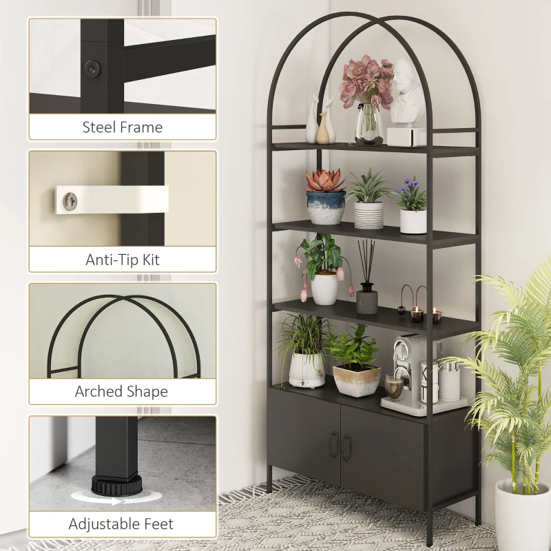 HOMCOM 4-Tier Arched Shelving Unit with Cabinet, Bookshelf for Living Room, Office, 31.5" x 11.8" x 73.6", Black