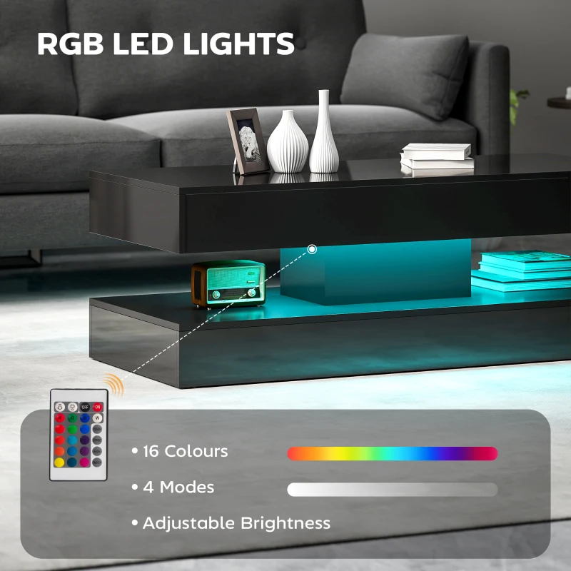 HOMCOM Coffee Table with Adjustable LED Lights, Modern Living Room Table with 2 Drawers, Open Shelf, Remote, High Gloss Black
