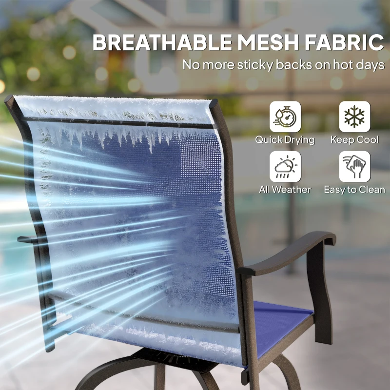 Outsunny Outdoor Bar Stools Set of 2, Swivel Bar Height Chairs with High Back, Curved Armrests and Steel Frame, Navy Blue