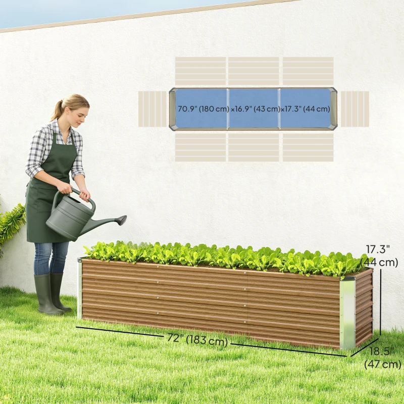 Outsunny 6' x 1.5' x 1.3' Galvanized Raised Garden Bed, Elevated Large Metal Planter Box w/ Install Gloves, Brown Wood Effect