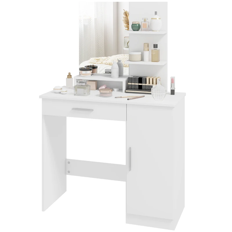 HOMCOM Vanity Desk with Mirror, Makeup Vanity w/ Drawer, Open Compartment and Shelves, Cabinet, Adjustable Shelves for Bedroom