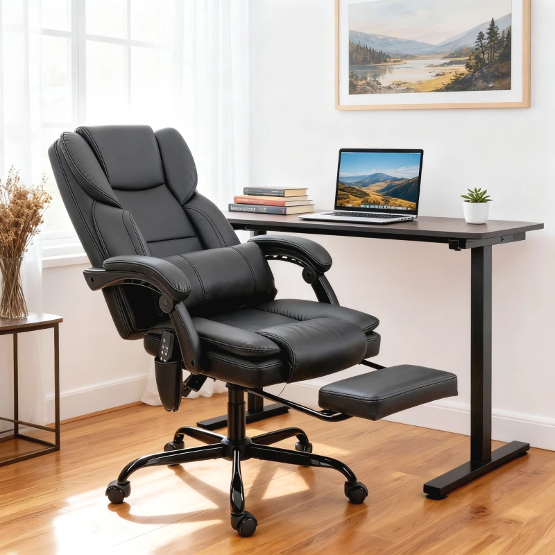 HOMCOM Office Chair with Massage, Pet-Friendly Faux Leather Reclining Desk Chair with Lumbar Support, Footrest, Black