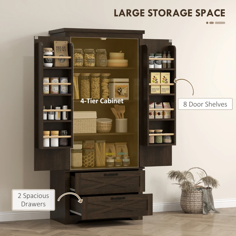 HOMCOM 64" Farmhouse Kitchen Pantry Storage Cabinet, two 4-tier door shelves for spice bottles with 2 Drawers, Adjustable Shelf, Distressed Dark Brown