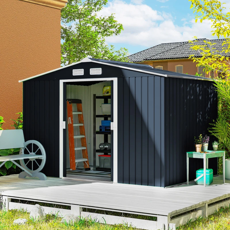 Outsunny 9' x 6' Outdoor Storage Shed, Garden Tool Metal Shed with Foundation Kit, Dark Gray