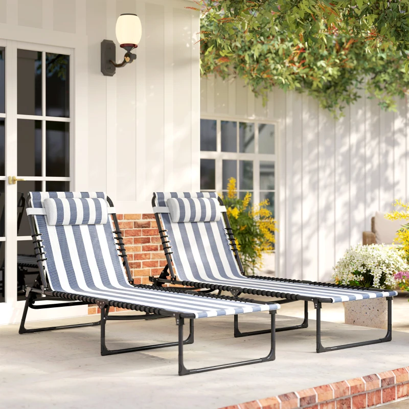 Outsunny 2 Folding Chaise Lounge Pool Chairs with 4-Position Reclining Back, Pillow, Breathable Mesh & Bungee Seat, Blue White