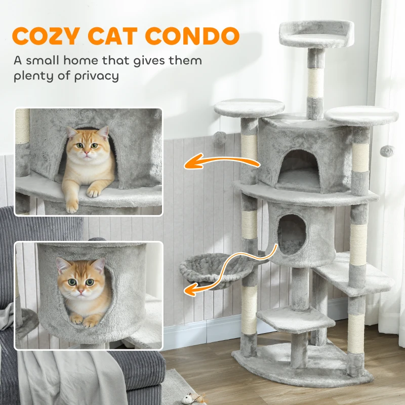 PawHut 62" Cat Tree with Scratching Post, 2 Condos, Hammock, Perches, Plush, Pompoms, for Indoor Cats, Light Grey