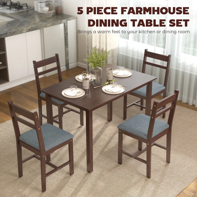 HOMCOM 5-Piece Solid Wood Dining Table Set for 4, Farmhouse Kitchen Table with Upholstered Chairs for Dining Room, Walnut